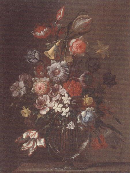 unknow artist Still life of carnations,tulips,roses and daffodils,in a glass vase,upon a table-top oil painting picture